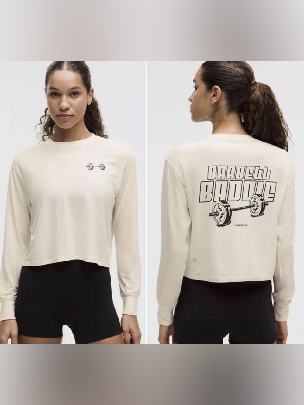 lululemon athletica Cream Long Sleeve Tee with Black Barbell Graphic